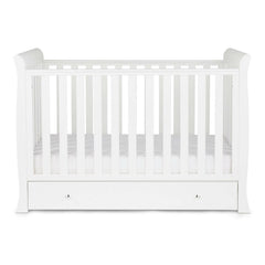 Ickle Bubba Snowdon MINI 4-in-1 Cot Bed & Drawer - White - side view, with mattress base at lowest level