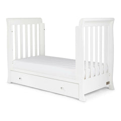 Ickle Bubba Snowdon MINI 4-in-1 Cot Bed & Drawer - White - quarter view, junior/day bed with side rails removed