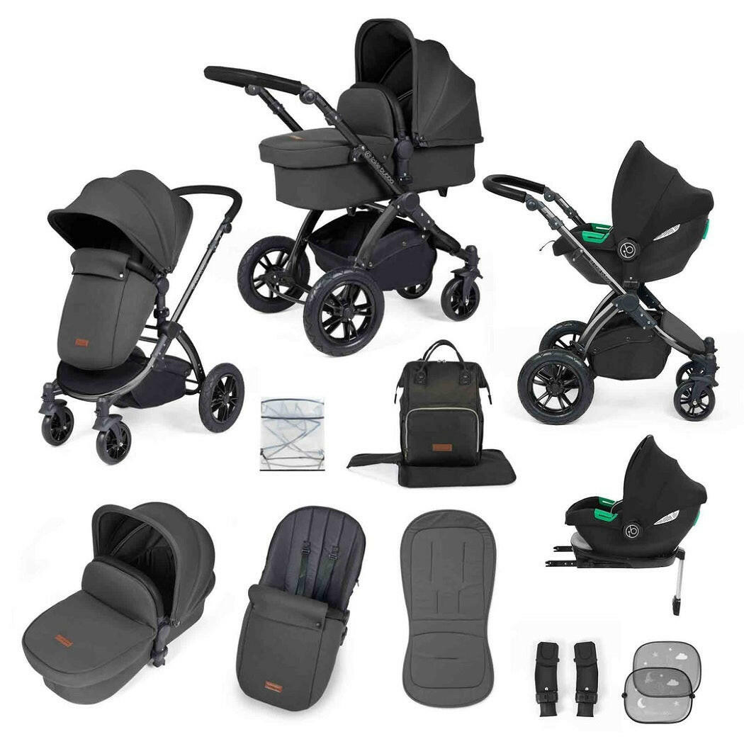 Ickle Bubba Stomp LUXE Travel System with Cirrus i-Size Car Seat & ISOFIX Base - Black/Charcoal/Black - included items