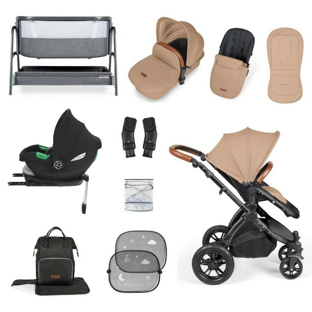 Ickle Bubba Stomp LUXE Travel System with Cirrus Car Seat & Base plus Bubba&Me Crib - Black/Desert/Tan