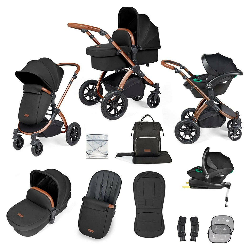 Ickle Bubba Stomp LUXE Travel System with Cirrus i-Size Car Seat & ISOFIX Base - Bronze/Midnight/Tan - included items