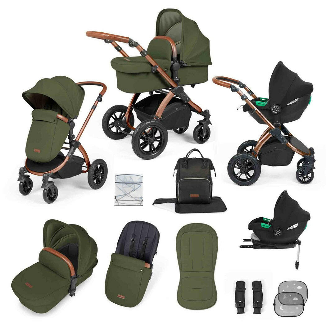 Ickle Bubba Stomp LUXE Travel System with Cirrus i-Size Car Seat & ISOFIX Base - Bronze/Woodland/Tan - included items