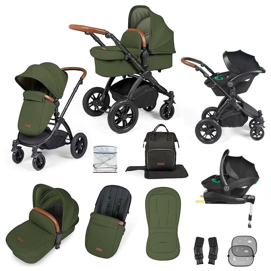 Ickle Bubba Stomp LUXE Travel System with Cirrus i-Size Car Seat & ISOFIX Base - Black/Woodland/Tan - included items