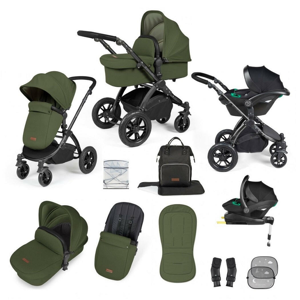 Ickle Bubba Stomp LUXE Travel System with Cirrus i-Size Car Seat & ISOFIX Base - Black/Woodland/Black - included items