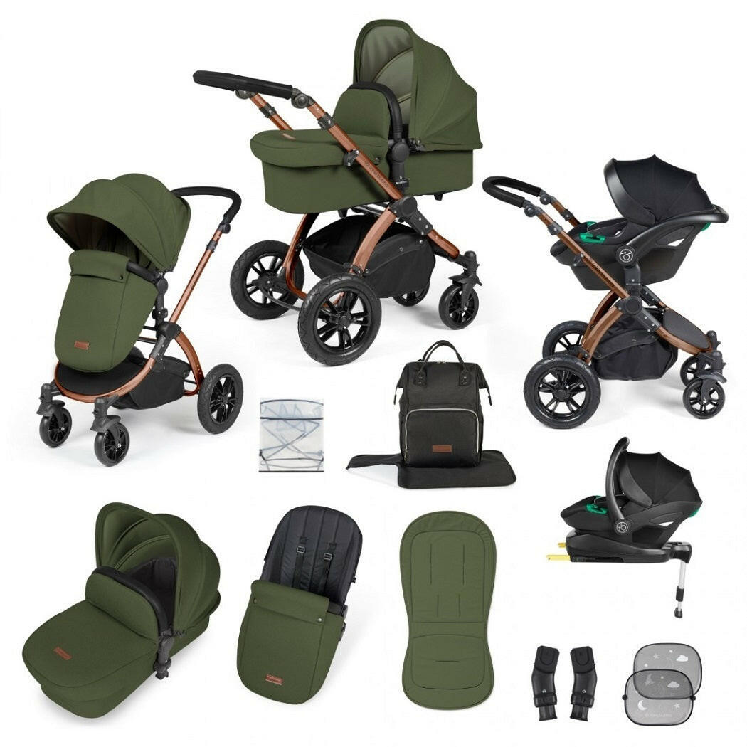 Ickle Bubba Stomp LUXE Travel System with Cirrus i-Size Car Seat & ISOFIX Base - Bronze/Woodland/Black - included items