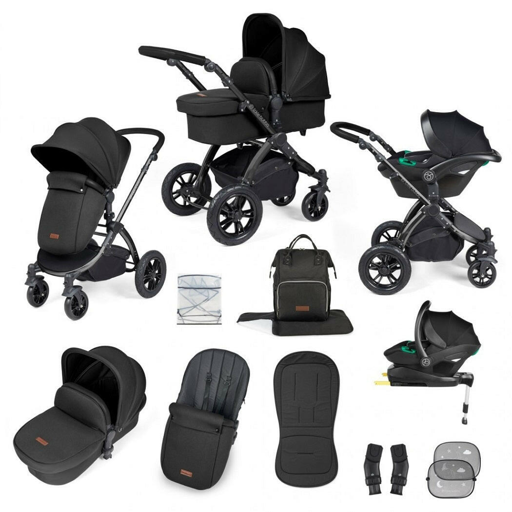 Ickle Bubba Stomp LUXE Travel System with Cirrus i-Size Car Seat & ISOFIX Base - Black/Midnight/Black - included items