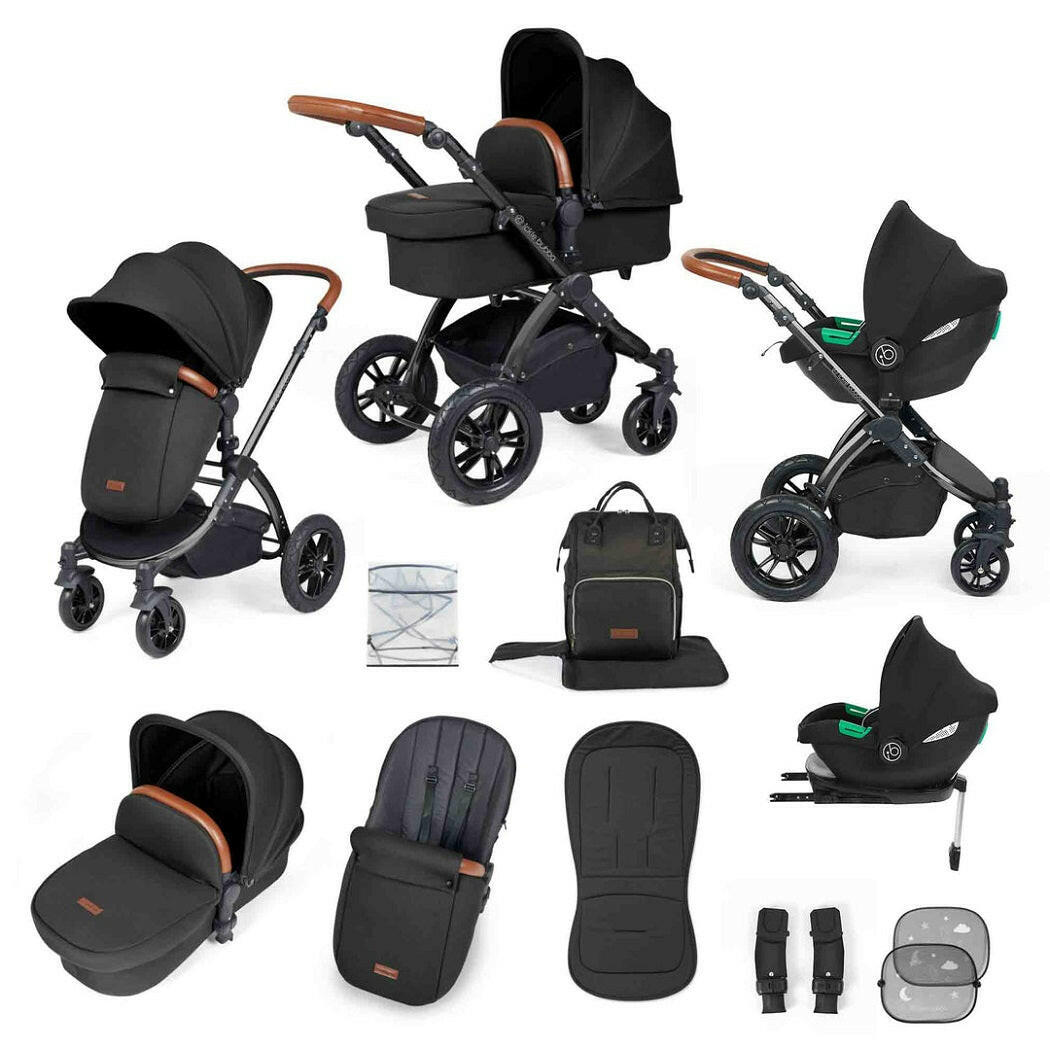 Ickle Bubba Stomp LUXE Travel System with Cirrus i-Size Car Seat & ISOFIX Base - Black/Midnight/Tan - included items
