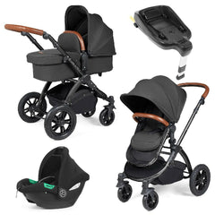 Ickle Bubba Stomp LUXE Travel System with Cirrus i-Size Car Seat & ISOFIX Base - Black/Charcoal/Tan