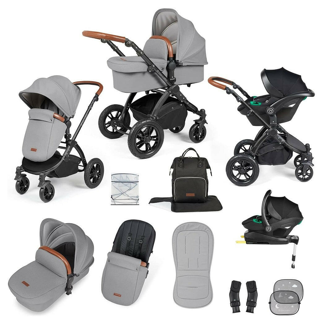 Ickle Bubba Stomp LUXE Travel System with Cirrus Car Seat & Base - Black/Pearl Grey/Tan - included items