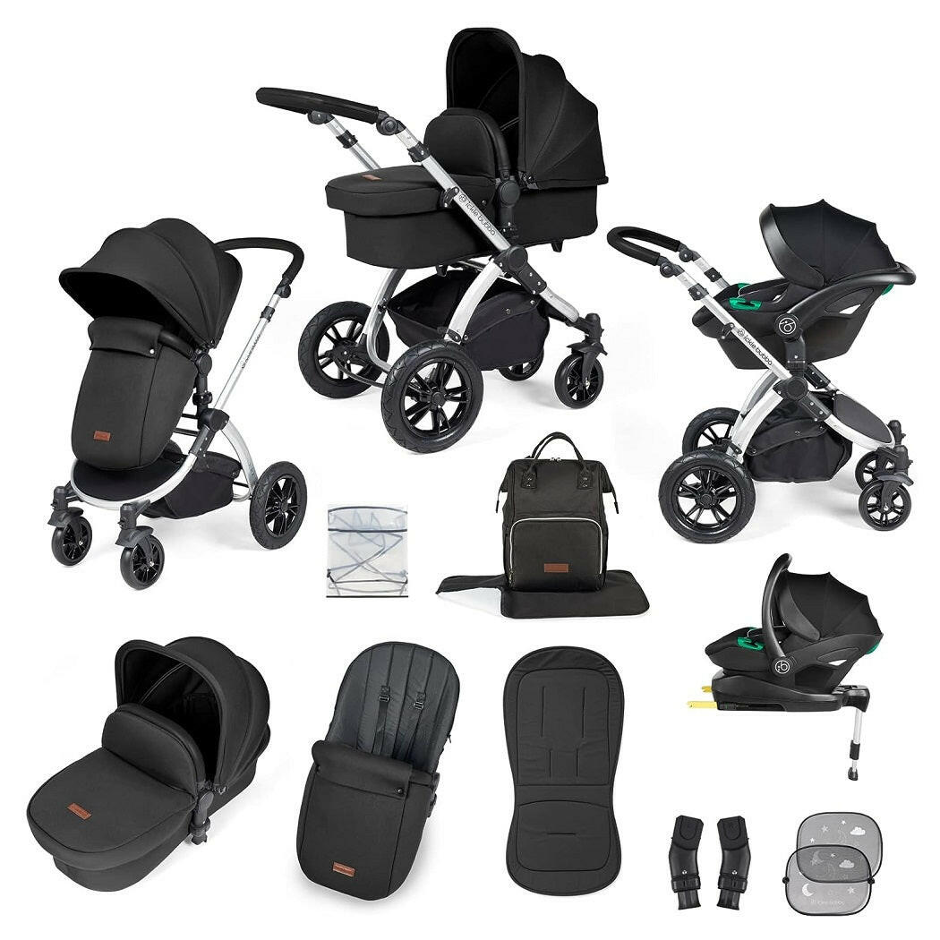 Ickle Bubba Stomp LUXE Travel System with Cirrus i-Size Car Seat & ISOFIX Base - Silver/Midnight/Black - included items