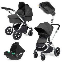 Ickle Bubba Stomp LUXE Travel System with Cirrus i-Size Car Seat & ISOFIX Base - Silver/Charcoal Grey/Black