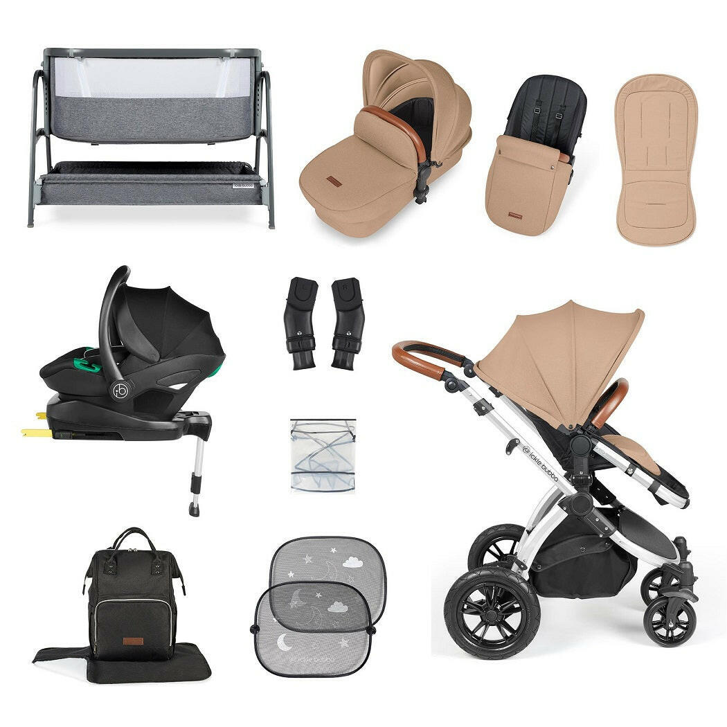 Ickle Bubba Stomp LUXE Travel System with Cirrus Car Seat & Base plus Bubba&Me Crib - Silver/Desert/Tan - included items