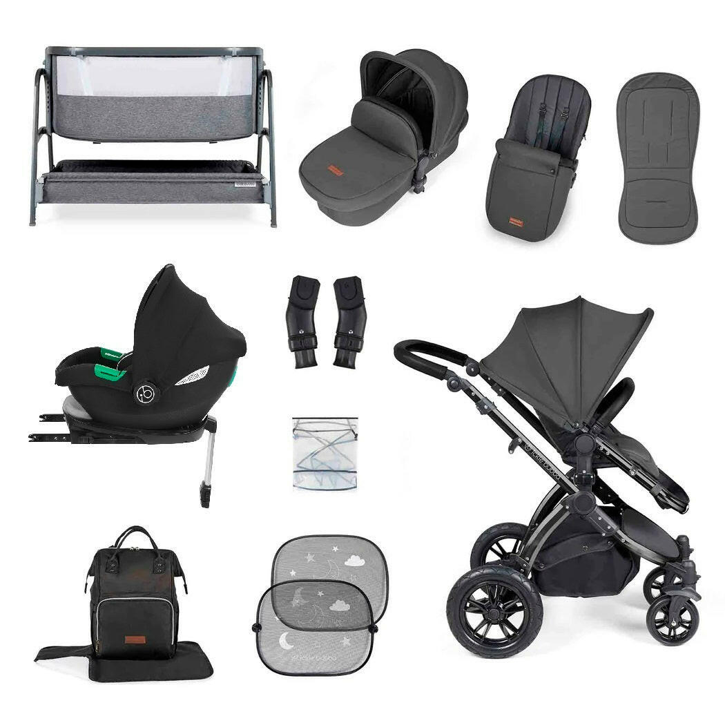Ickle Bubba Stomp LUXE Travel System with Cirrus i-Size Car Seat & ISOFIX Base plus Bubba&Me Crib - Black/Charcoal/Black