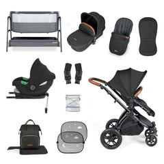 Ickle Bubba Stomp LUXE Travel System with Cirrus i-Size Car Seat & ISOFIX Base plus Bubba&Me Crib - Black/Charcoal/Tan