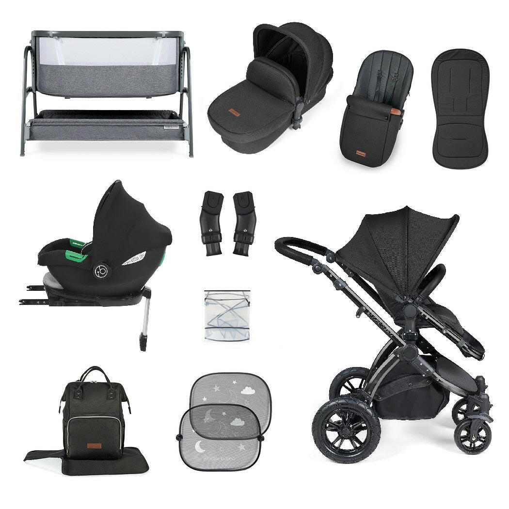 Ickle Bubba Stomp LUXE Travel System with Cirrus i-Size Car Seat & ISOFIX Base plus Bubba&Me Crib - Black/Midnight/Black