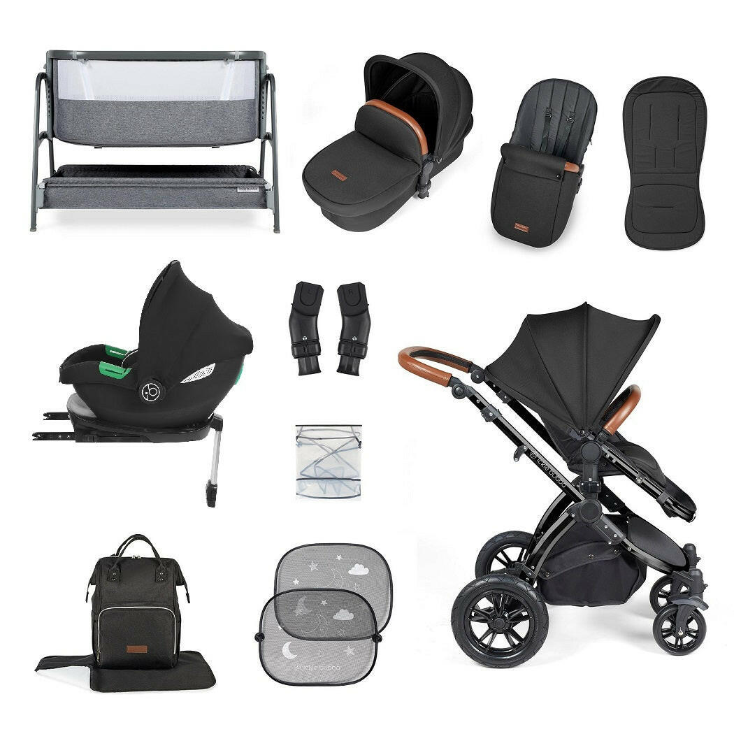Ickle Bubba Stomp LUXE Travel System with Cirrus i-Size Car Seat & ISOFIX Base plus Bubba&Me Crib - Black/Midnight/Tan