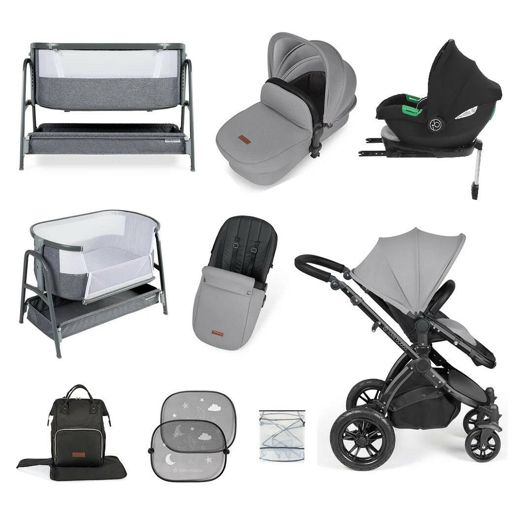 Ickle Bubba Stomp LUXE Travel System with Car Seat & Base plus Bubba&Me Crib - Black/Pearl Grey/Black