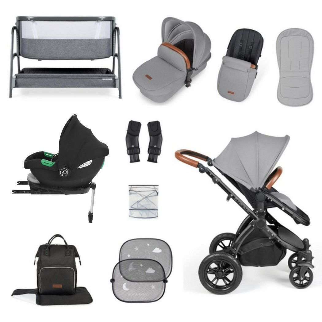 Ickle Bubba Stomp LUXE Travel System with Cirrus Car Seat & Base plus Bubba&Me Crib - Black/Pearl Grey/Tan