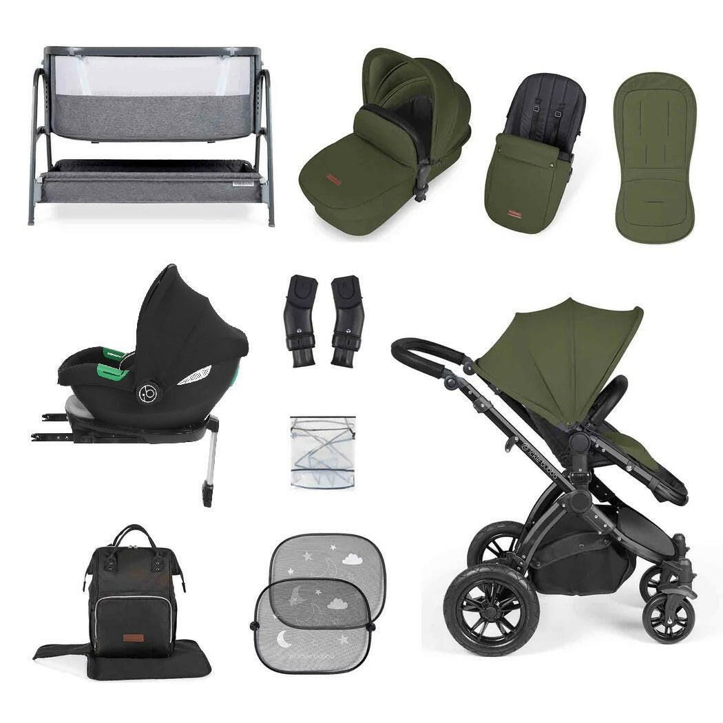 Ickle Bubba Stomp LUXE Travel System with Cirrus i-Size Car Seat & ISOFIX Base plus Bubba&Me Crib - Black/Woodland/Black