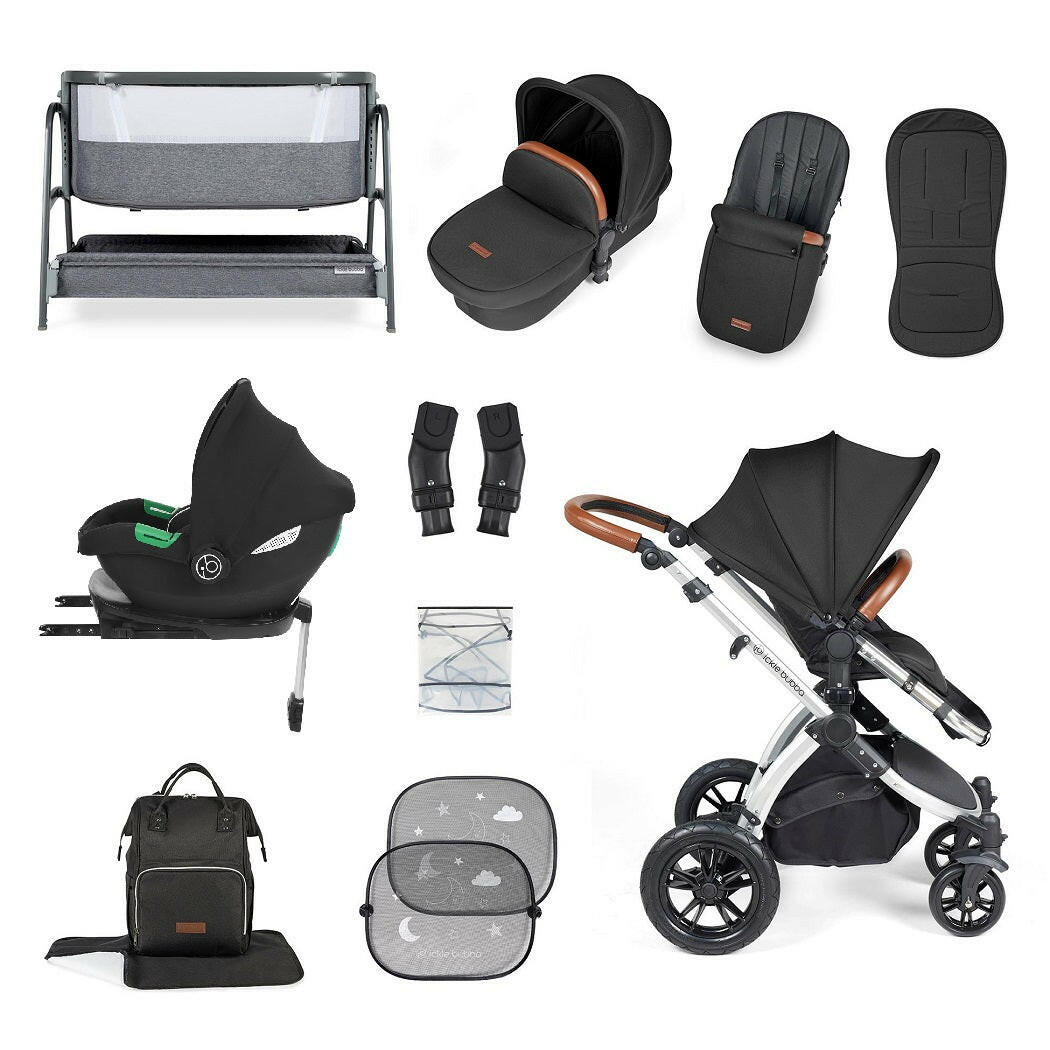 Ickle Bubba Stomp LUXE Travel System with Cirrus i-Size Car Seat & ISOFIX Base plus Bubba&Me Crib - Silver/Charcoal/Tan