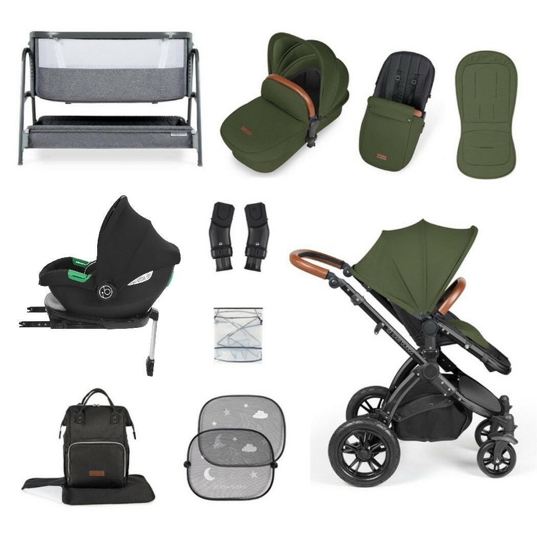Ickle Bubba Stomp LUXE Travel System with Cirrus i-Size Car Seat & ISOFIX Base plus Bubba&Me Crib - Black/Woodland/Tan