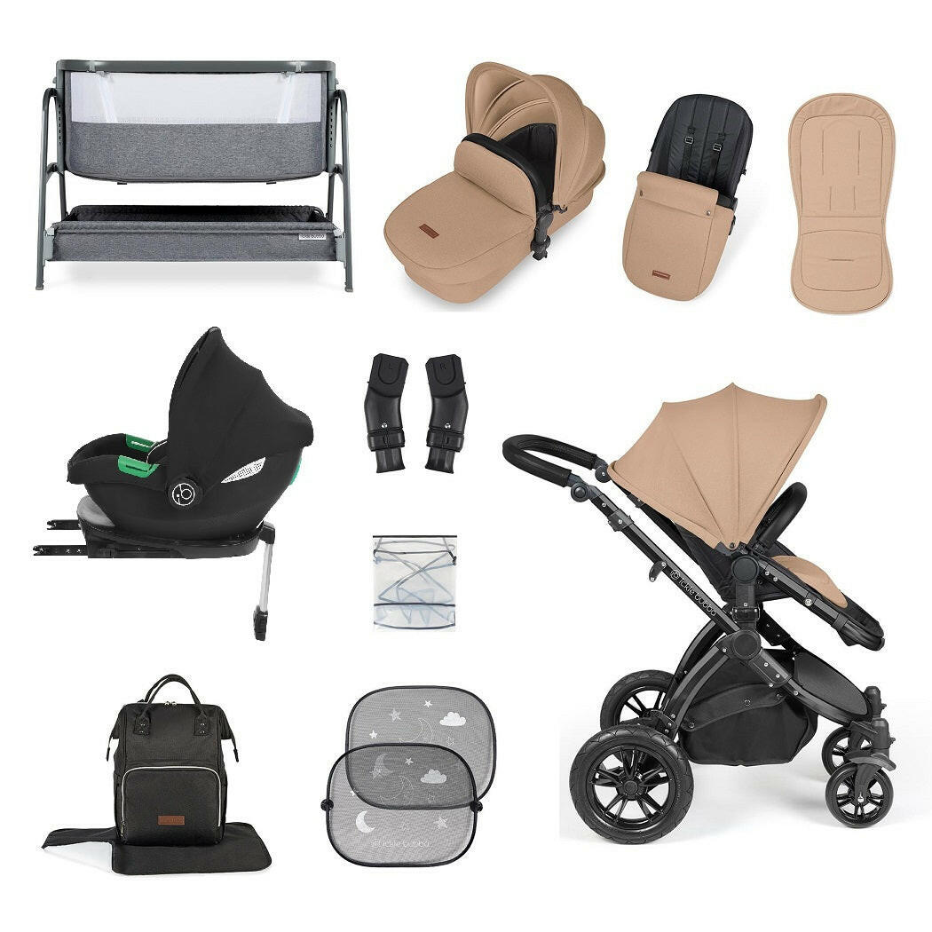 Ickle Bubba Stomp LUXE Travel System with Cirrus Car Seat & Base plus Bubba&Me Crib - Black/Desert/Black