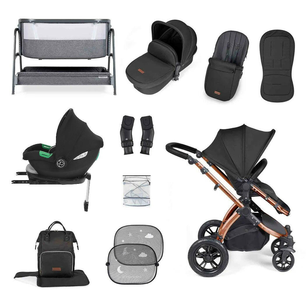 Ickle Bubba Stomp LUXE Travel System with Cirrus i-Size Car Seat & ISOFIX Base plus Bubba&Me Crib - Bronze/Midnight/Black