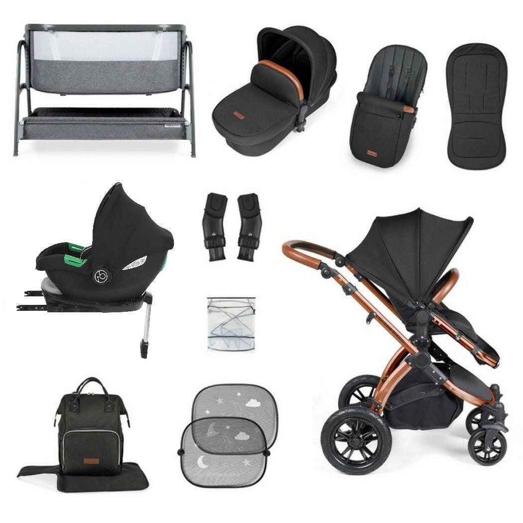 Ickle Bubba Stomp LUXE Travel System with Cirrus i-Size Car Seat & ISOFIX Base plus Bubba&Me Crib - Bronze/Midnight/Tan