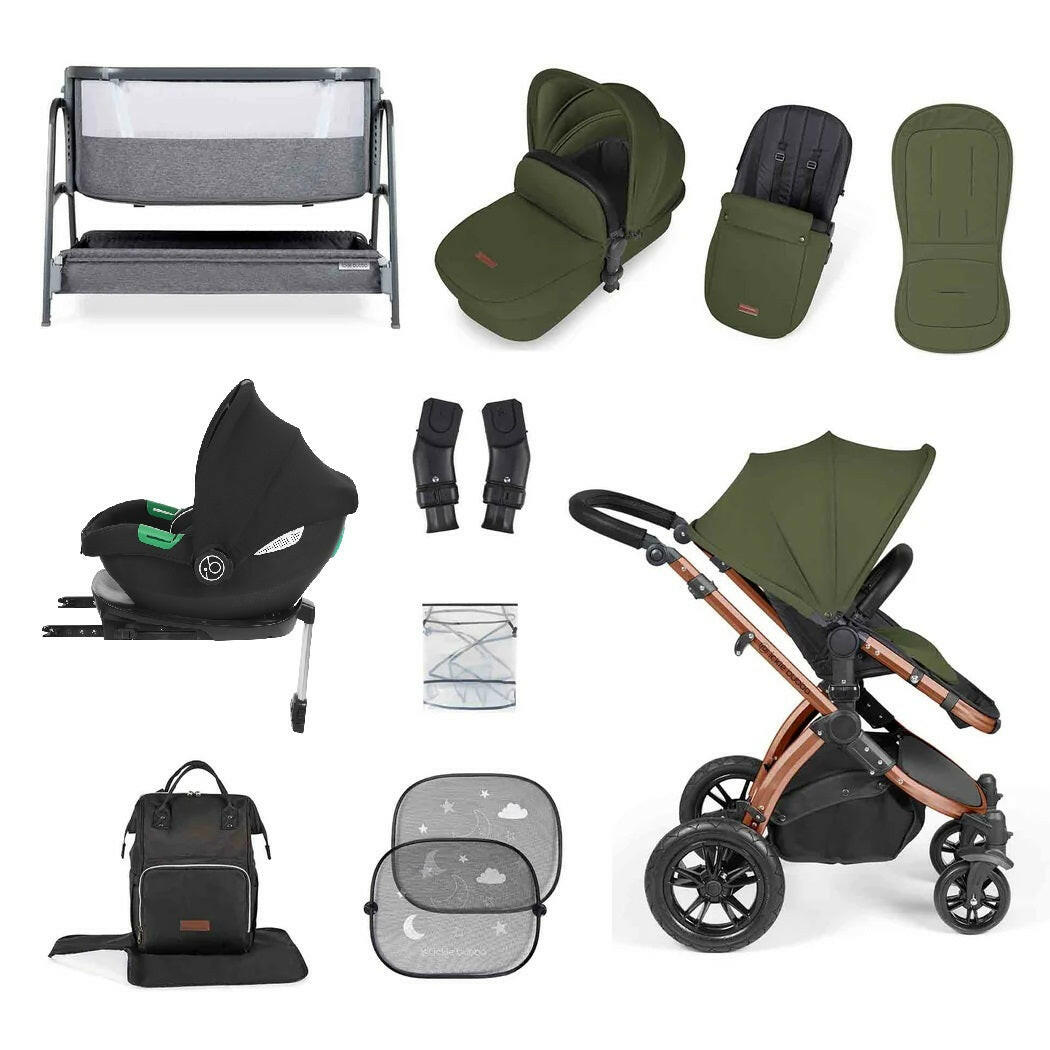 Ickle Bubba Stomp LUXE Travel System with Cirrus i-Size Car Seat & ISOFIX Base plus Bubba&Me Crib - Bronze/Woodland/Black
