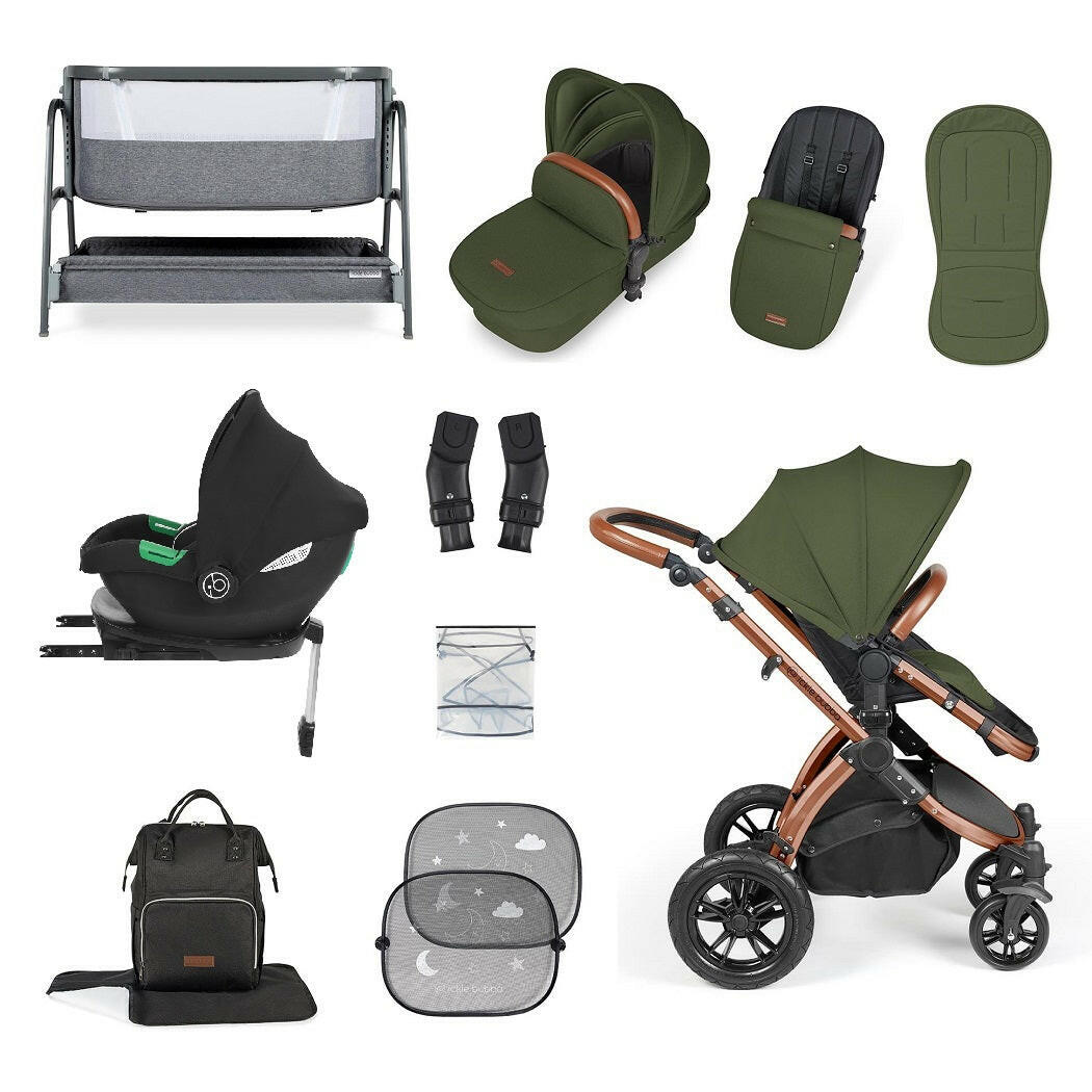 Ickle Bubba Stomp LUXE Travel System with Cirrus i-Size Car Seat & ISOFIX Base plus Bubba&Me Crib - Bronze/Woodland/Tan