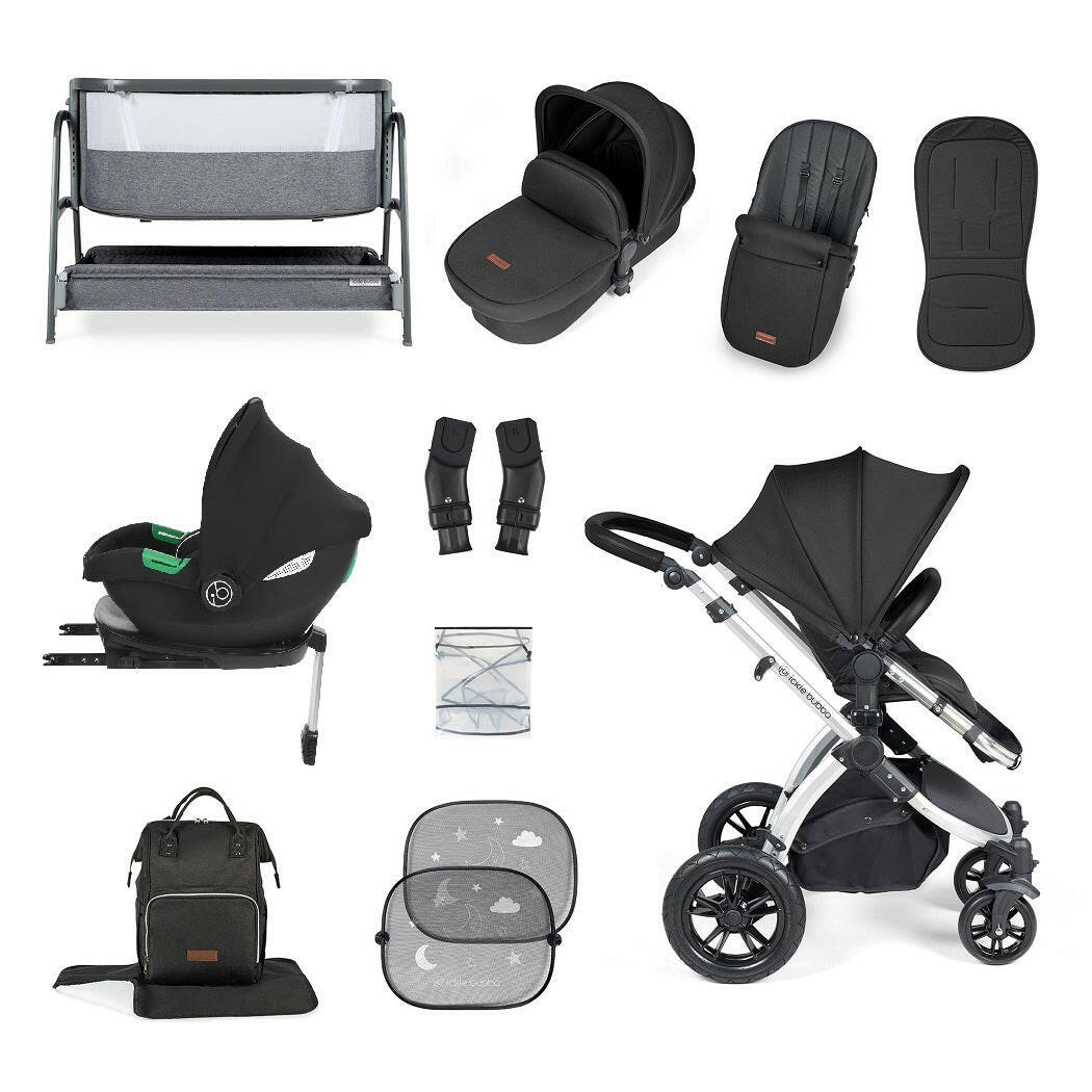Ickle Bubba Stomp LUXE Travel System with Cirrus i-Size Car Seat & ISOFIX Base plus Bubba&Me Crib - Silver/Midnight/Black