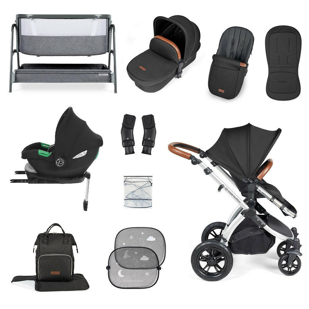 Ickle Bubba Stomp LUXE Travel System with Cirrus i-Size Car Seat & ISOFIX Base plus Bubba&Me Crib - Silver/Midnight/Tan