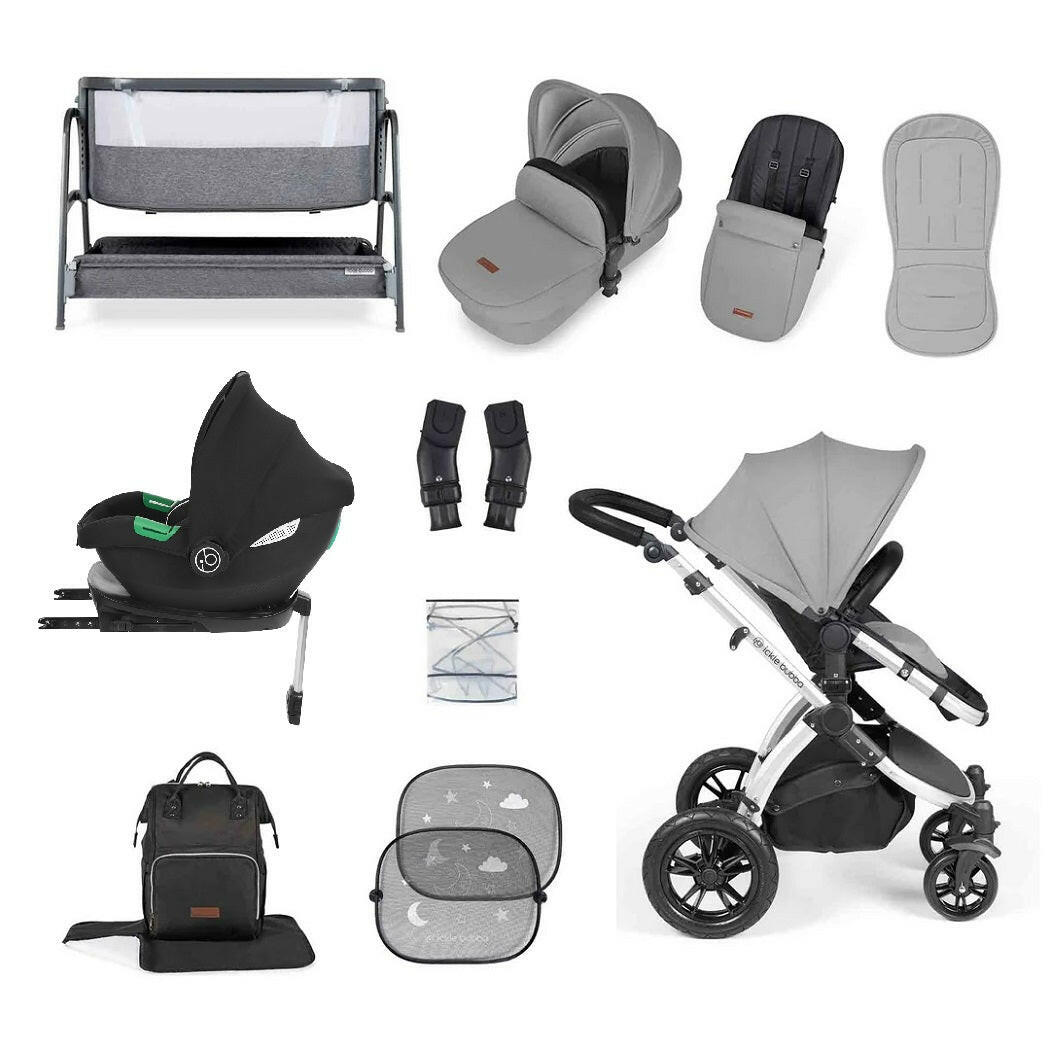 Ickle Bubba Stomp LUXE Travel System with Cirrus i-Size Car Seat & ISOFIX Base plus Bubba&Me Crib - Silver/Pearl Grey/Black