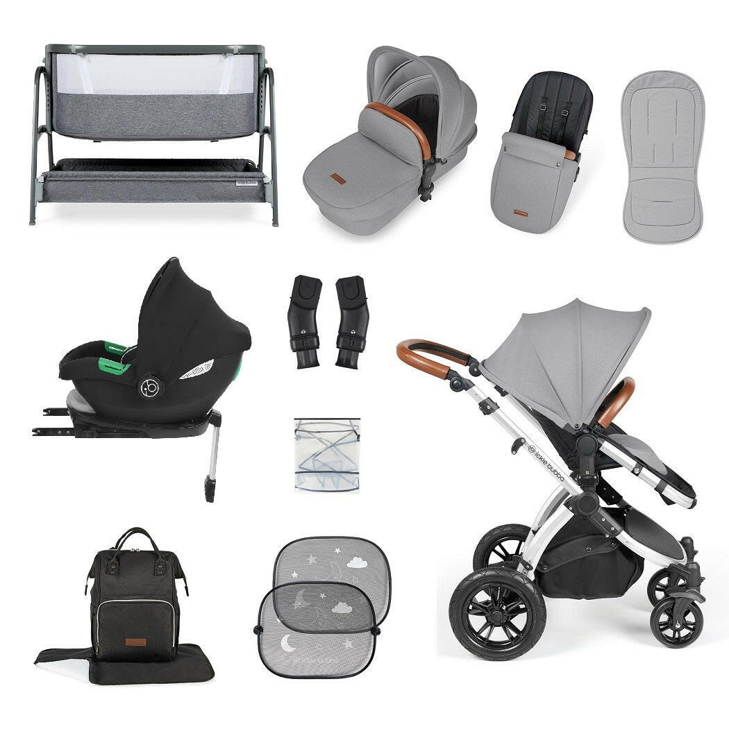 Ickle Bubba Stomp LUXE Travel System with Cirrus Car Seat & Base plus Bubba&Me Crib - Silver/Pearl Grey/Tan
