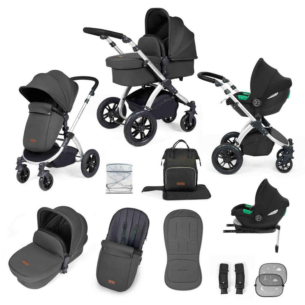 Ickle Bubba Stomp LUXE Travel System with Cirrus i-Size Car Seat & ISOFIX Base - Silver/Charcoal/Black - included items