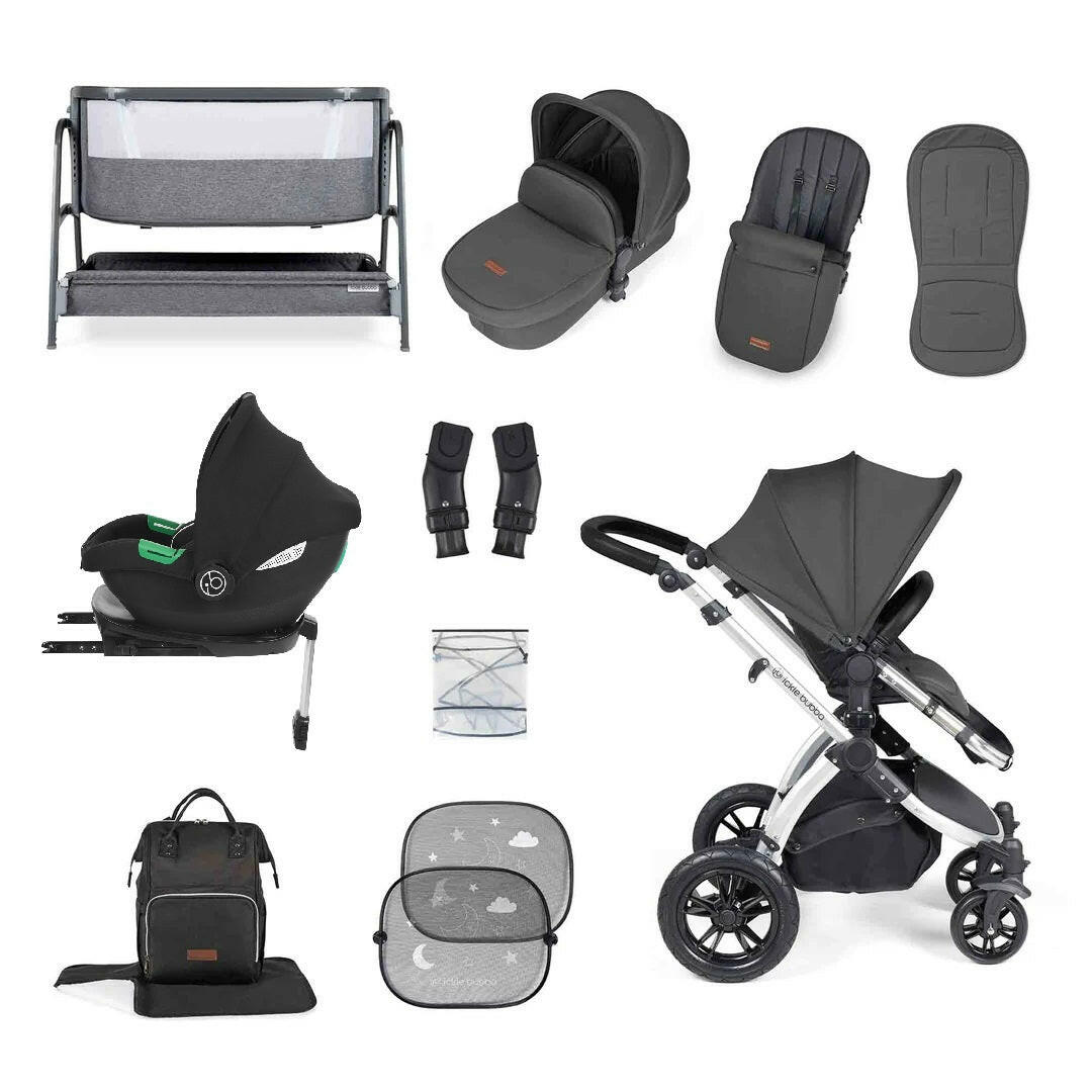Ickle Bubba Stomp LUXE Travel System with Cirrus i-Size Car Seat & ISOFIX Base plus Bubba&Me Crib - Silver/Charcoal/Black