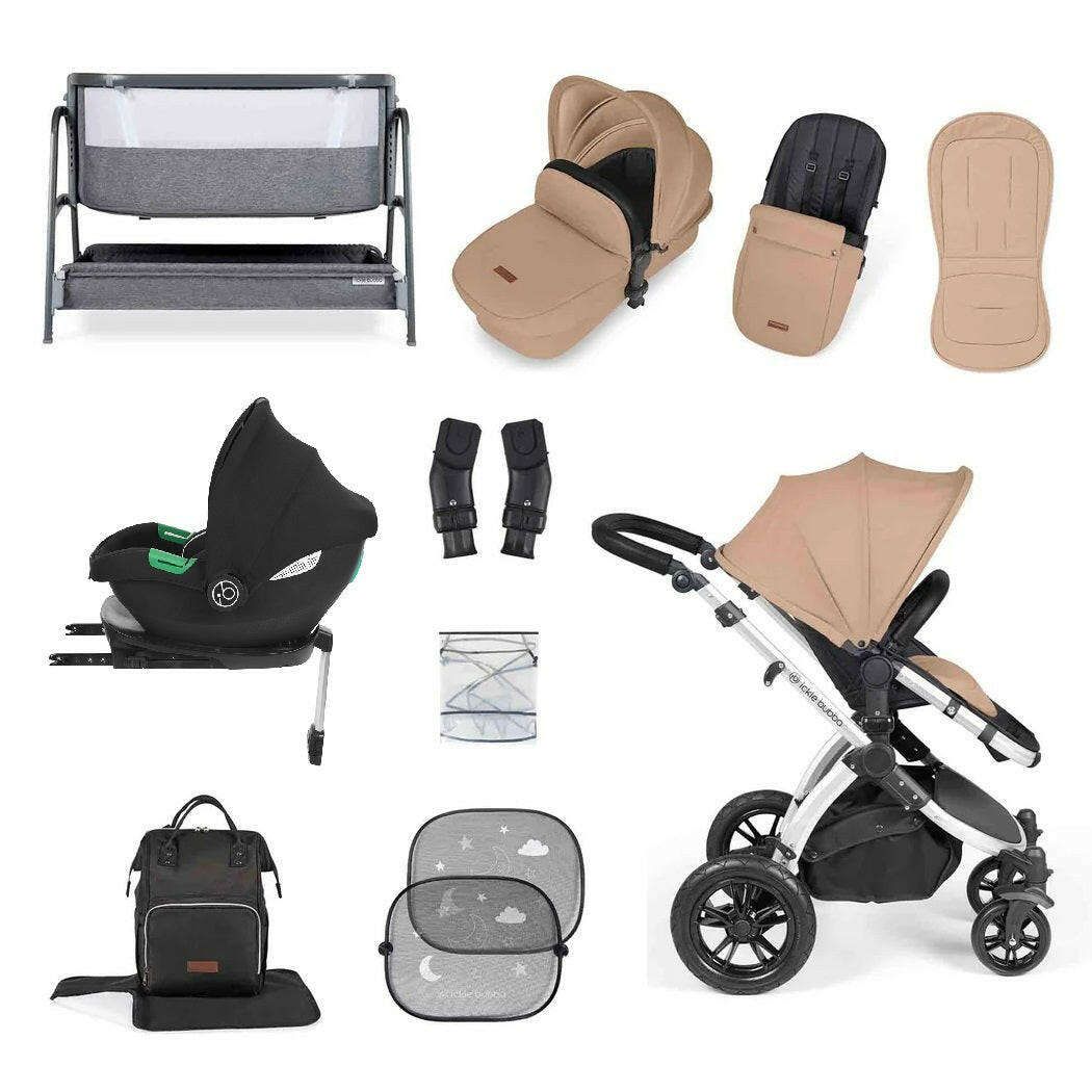 Ickle Bubba Stomp LUXE Travel System with Cirrus Car Seat & Base plus Bubba&Me Crib - Silver/Desert/Black