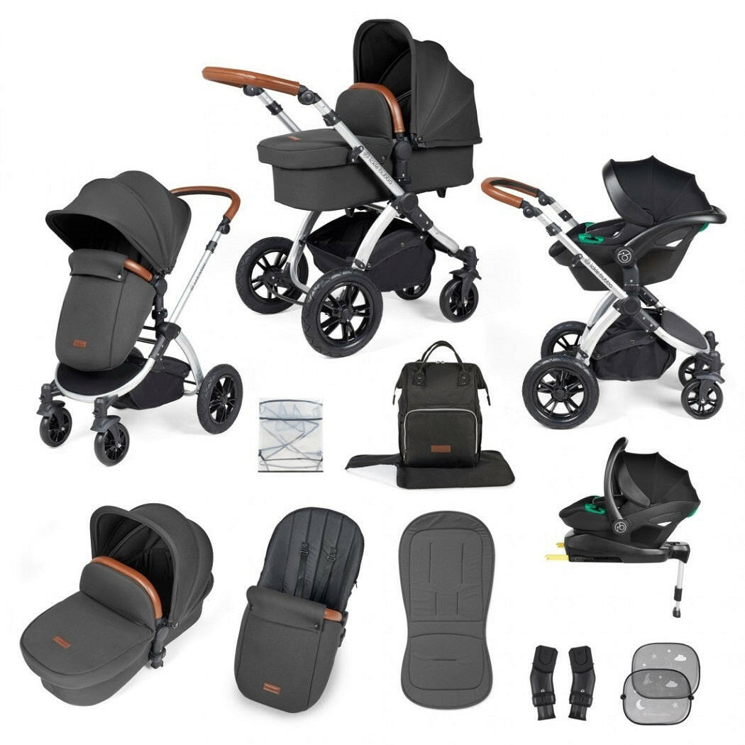 Ickle Bubba Stomp LUXE Travel System with Cirrus i-Size Car Seat & ISOFIX Base - Silver/Charcoal/Tan - included items