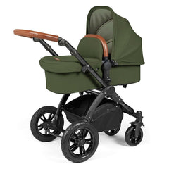 Ickle Bubba Stomp LUXE Travel System - Black/Woodland/Tan - showing the carrycot and chassis together as the pram