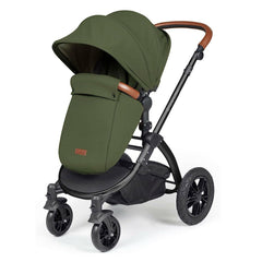 Ickle Bubba Stomp LUXE Travel System - Black/Woodland/Tan - showing the pushchair with the footmuff
