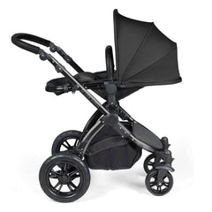 Ickle Bubba Stomp LUXE Travel System - Black/Midnight/Black - showing the seat unit and chassis together as the pushchair in parent-facing mode with the seat reclined