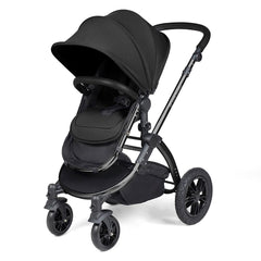 Ickle Bubba Stomp LUXE Travel System with Stratus Car Seat & ISOFIX Base (Black/Midnight/Black) - showing the pushchair in forward-facing mode