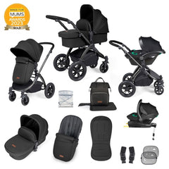 Ickle Bubba Stomp LUXE Travel System with Stratus Car Seat & ISOFIX Base (Black/Midnight/Black) - showing the items included in this bundle