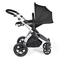 Ickle Bubba Stomp LUXE Travel System - Silver/Midnight/Black - showing the seat unit and chassis together as the pushchair in parent-facing mode with the seat reclined