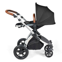 Ickle Bubba Stomp LUXE Travel System - Silver/Midnight/Tan - showing the seat unit and chassis together as the pushchair in parent-facing mode with the seat reclined