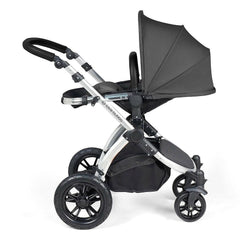 Ickle Bubba Stomp LUXE Travel System with Cirrus Car Seat & ISOFIX Base - Silver/Charcoal/Black - showing the seat unit and chassis together as the pushchair in parent-facing mode with the seat reclined