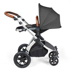 Ickle Bubba Stomp LUXE Travel System with Cirrus Car Seat & ISOFIX Base - Silver/Charcoal/Tan - showing the seat unit and chassis together as the pushchair in parent-facing mode with the seat reclined