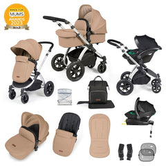 Ickle Bubba Stomp LUXE Travel System with Stratus Car Seat & ISOFIX Base (Silver/Desert/Black) - showing the items included in this bundle