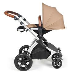 Ickle Bubba Stomp LUXE Travel System - Silver/Desert/Tan - showing the seat unit and chassis together as the pushchair in parent-facing mode with the seat reclined