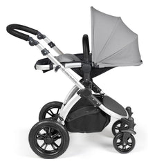 Ickle Bubba Stomp LUXE Travel System with Stratus Car Seat & ISOFIX Base (Silver/Pearl Grey/Black) - showing the seat unit and chassis together as the pushchair in parent-facing mode with the seat reclined